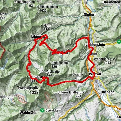 Mountain bike route to the Chrüzegg starting from Wattwil