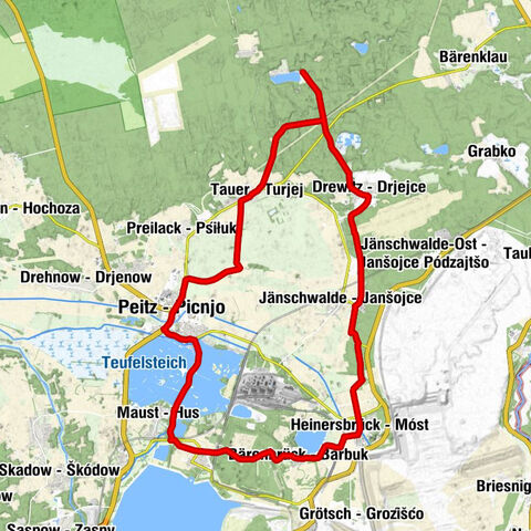 Peitz - Picnjo - Wiesenvorwerk - Forwark Gólica - Tauer - Turjej - Drewitz - Drjejce